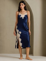 [Dark Blue] SilkSilky  Spaghetti Strap V Neck Nightgown 008