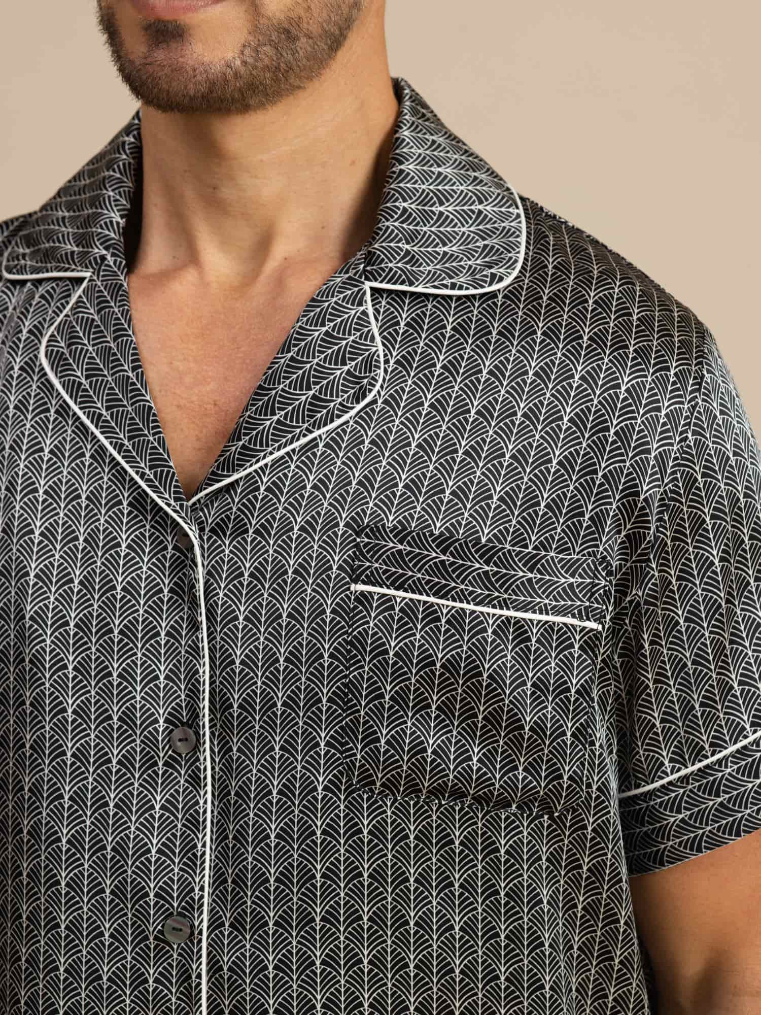 [Black Ginkgo] SilkSilky  Short Sleeve Notch Collar Men's Pajamas 007