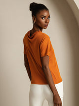 [Orange] SilkSilky  100% Silk Jersey Short Sleeve Mock Neck Women's T-Shirt 002