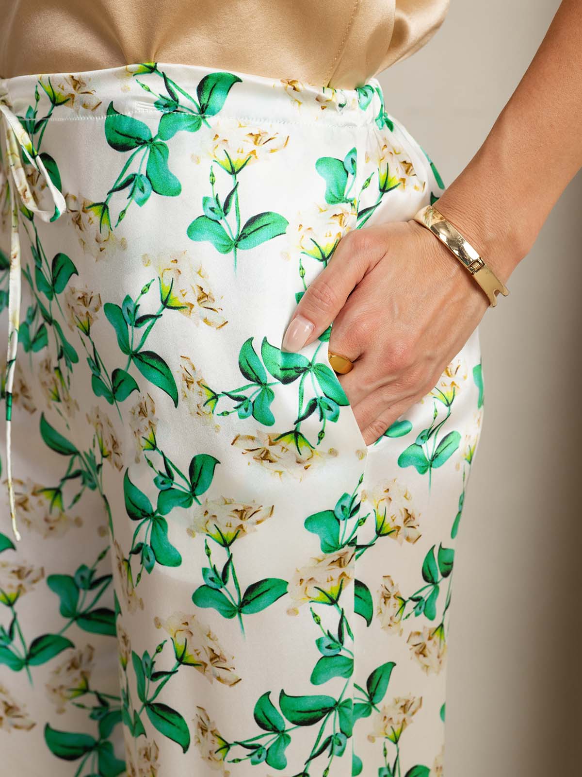 [Green Floral] SilkSilky  19Momme Silk Womens Pants 004