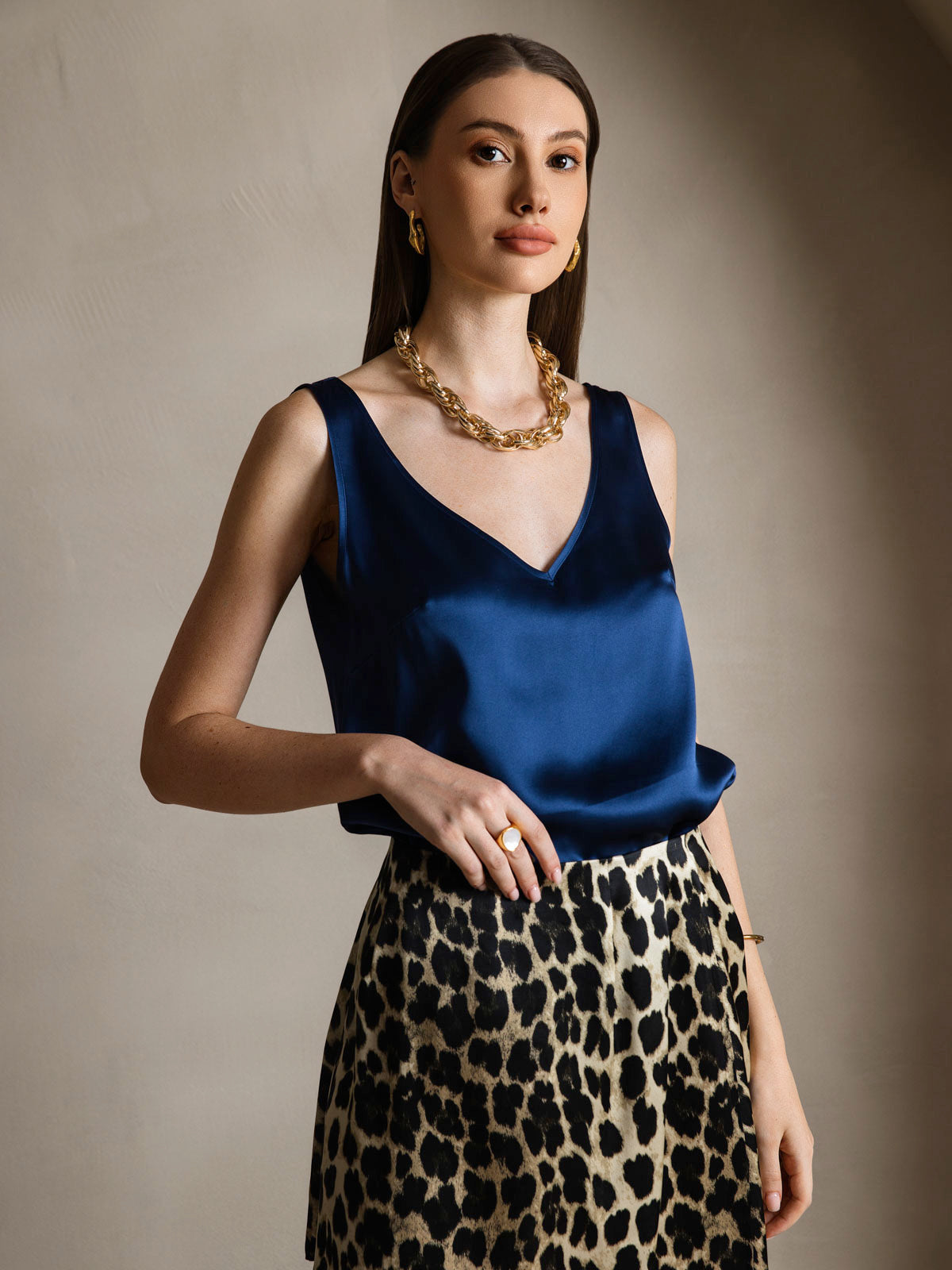 [Dark Blue] SilkSilky  19Momme Silk V Neck Camisole Top 003
