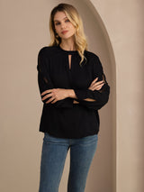 [Black] SilkSilky Long Sleeve Keyhole Neck Women's Blouse 005