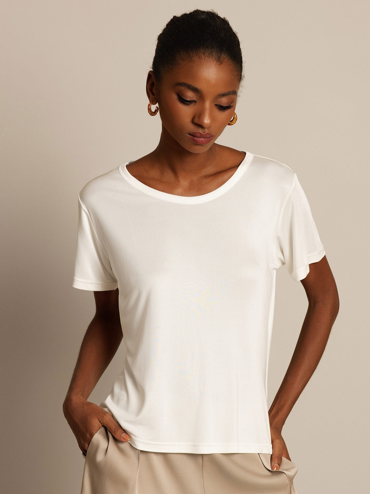 [White] SilkSilky  Silk Knitted Round Neck Women's T-Shirt 001,