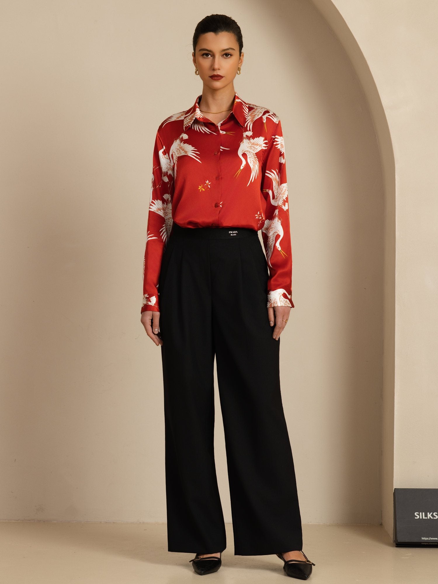 [Wine] SilkSilky  19Momme Long Sleeve Lapel Collar Women's Shirt 006