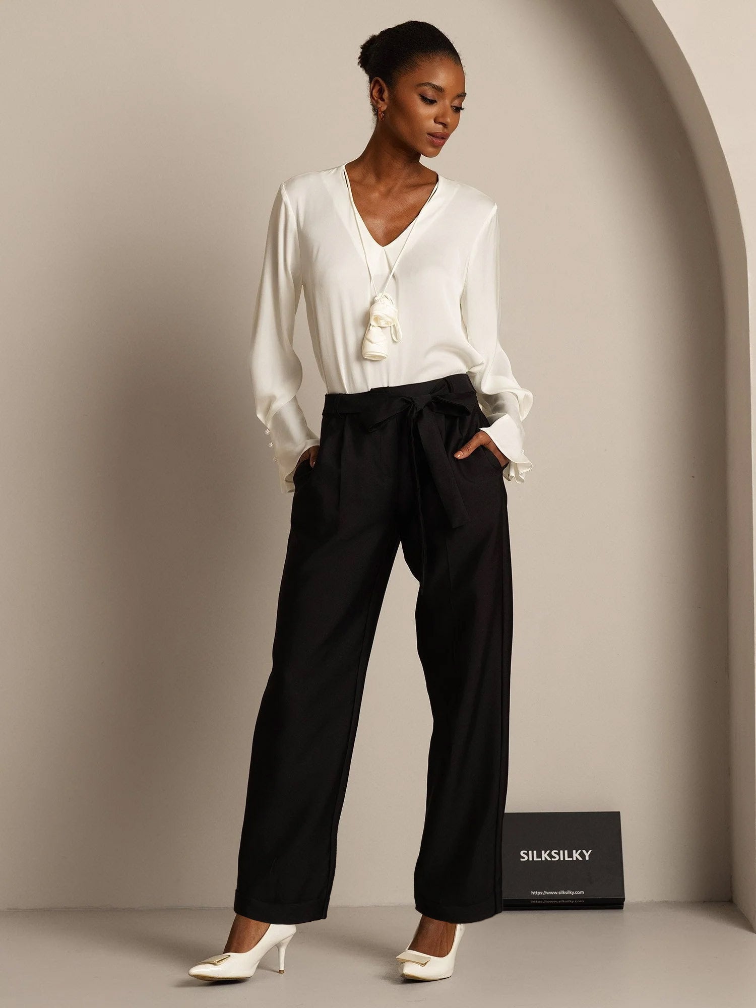 [Black] SilkSilky  32Momme Silk Womens Pants 007,