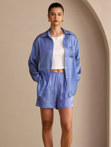 [Blue Pinstripe] SilkSilky Long Sleeve Lapel Collar Women's Outfit Sets 004