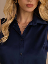 [Dark Blue] SilkSilky  Sleeveless Lapel Collar Women's Shirt 004