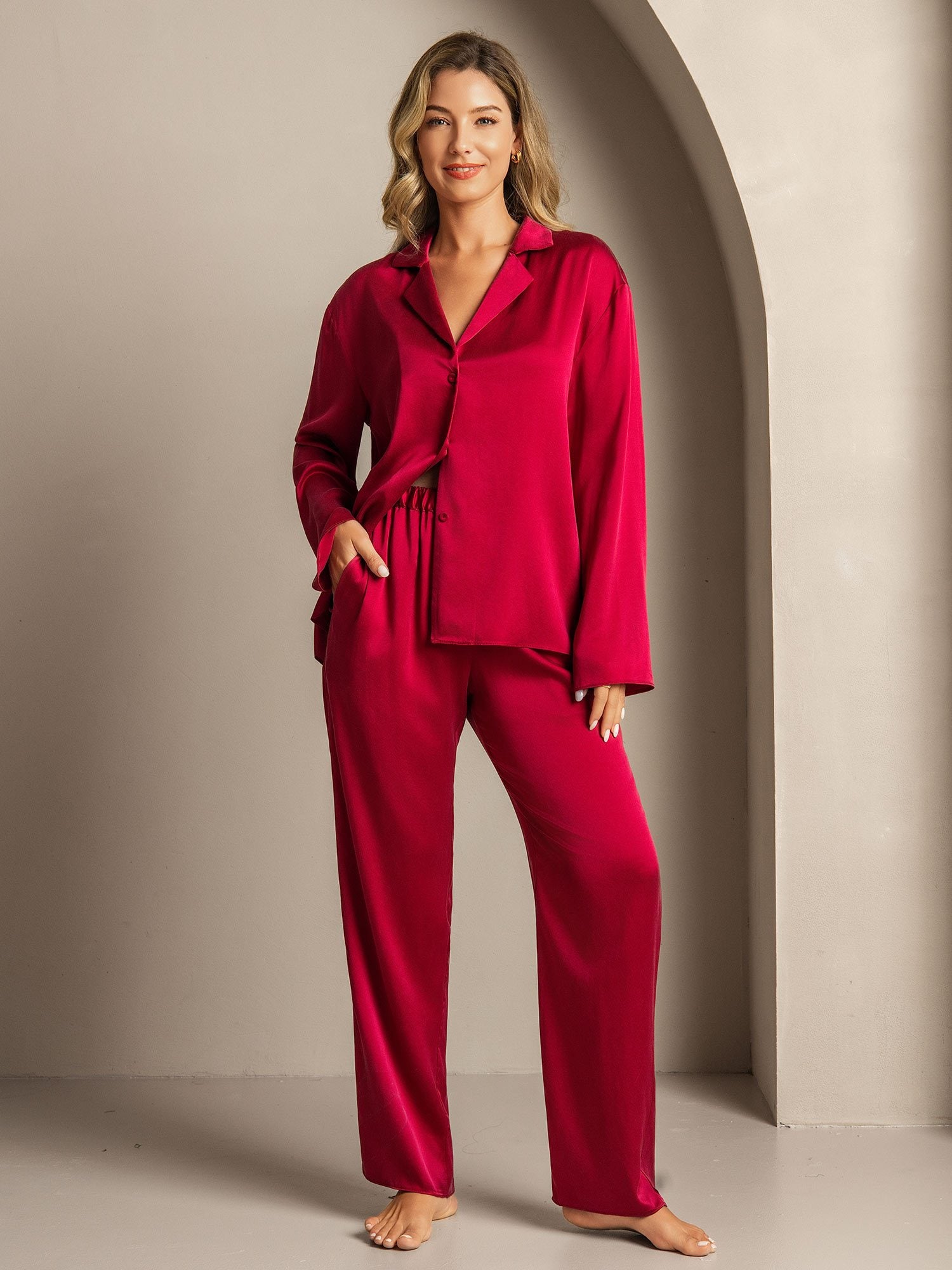 [Wine] SilkSilky 19Momme Silk Notched Neck Women's Pajamas 005