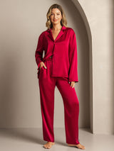 [Wine] SilkSilky  19Momme Machine-Washable Silk Long Sleeve Notch Collar Women's Pajamas 005