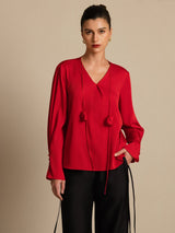 Blue-gray silk women’s V-neck blouse with long sleeves and 3D rose detail