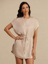 [Tan] SilkSilky 18Momme Silk Satin Surah Cap Sleeve Henley Neck Dress 004