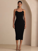 [Black] SilkSilky Spaghetti Strap Square Neck Dress 007