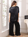 SilkSilky US Pure Silk Short Sleeve Round Neck Women's Pajamas Black 002