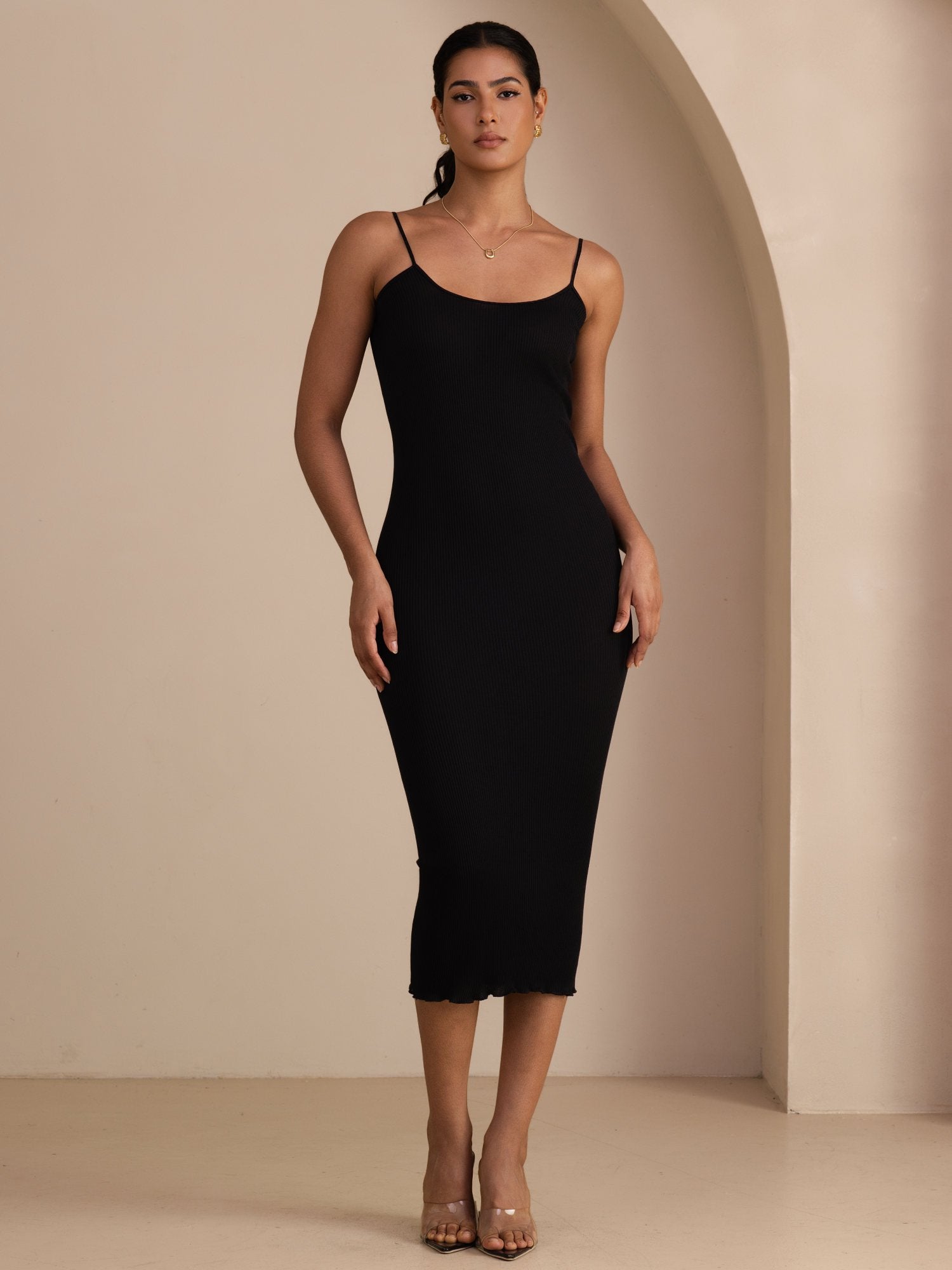 [Black] SilkSilky Spaghetti Strap Square Neck Dress 001