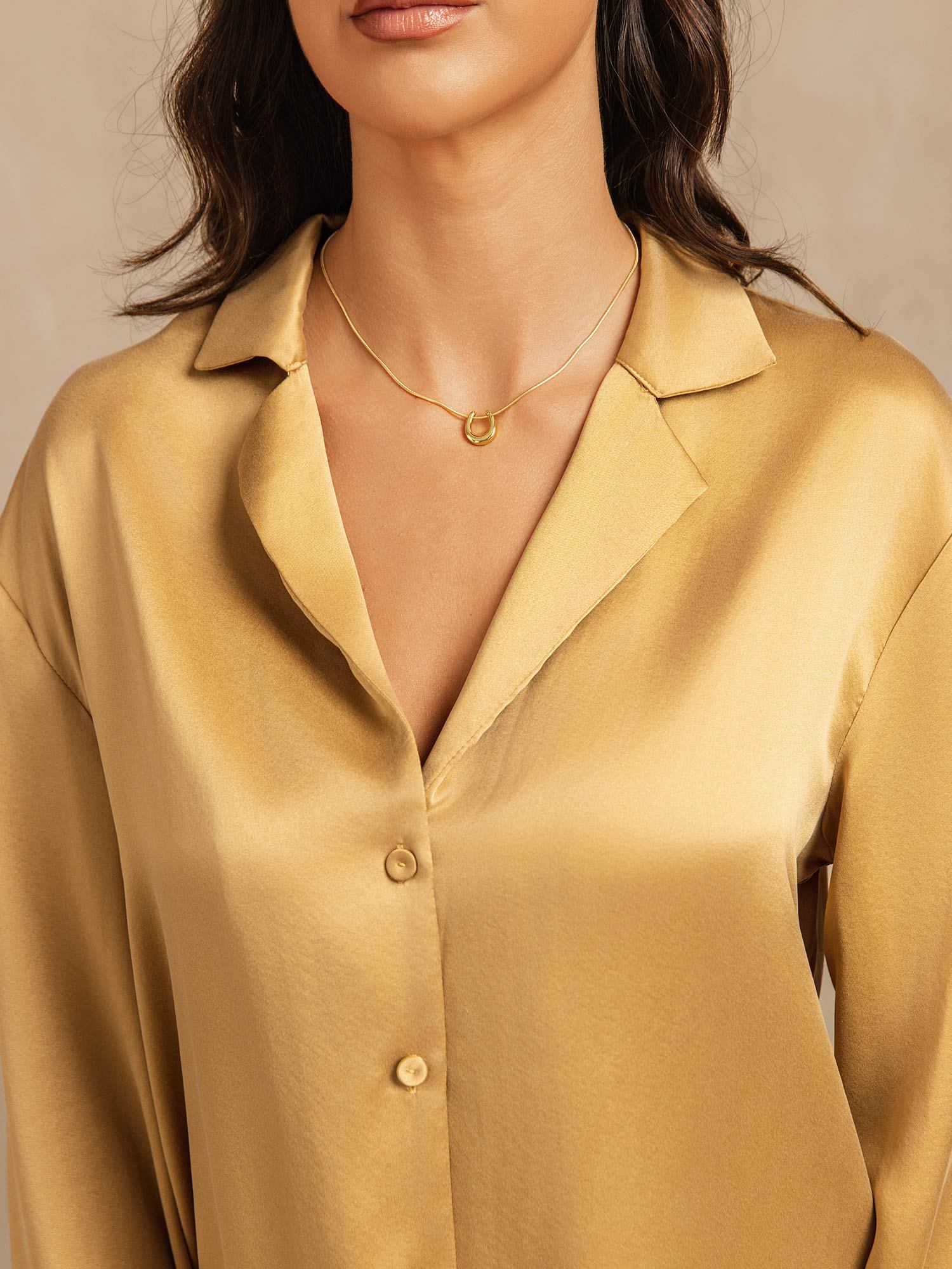 [Tan] SilkSilky 19Momme Silk Notched Neck Women's Pajamas 004