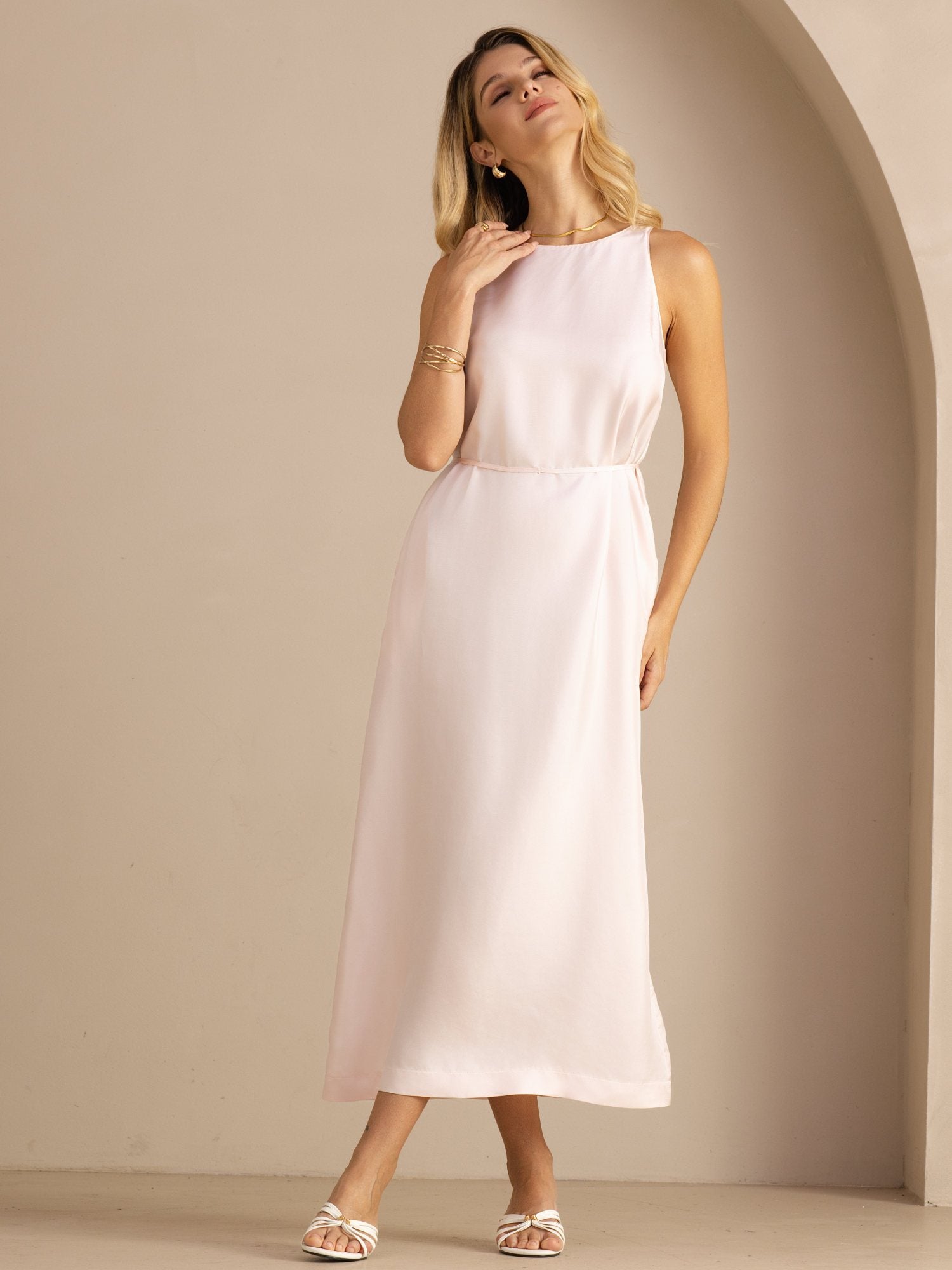 SilkSilky 100% Mulberry Silk Crew Neck Sleeveless Self-Tie Midi Dress, Light Pink / L(12)