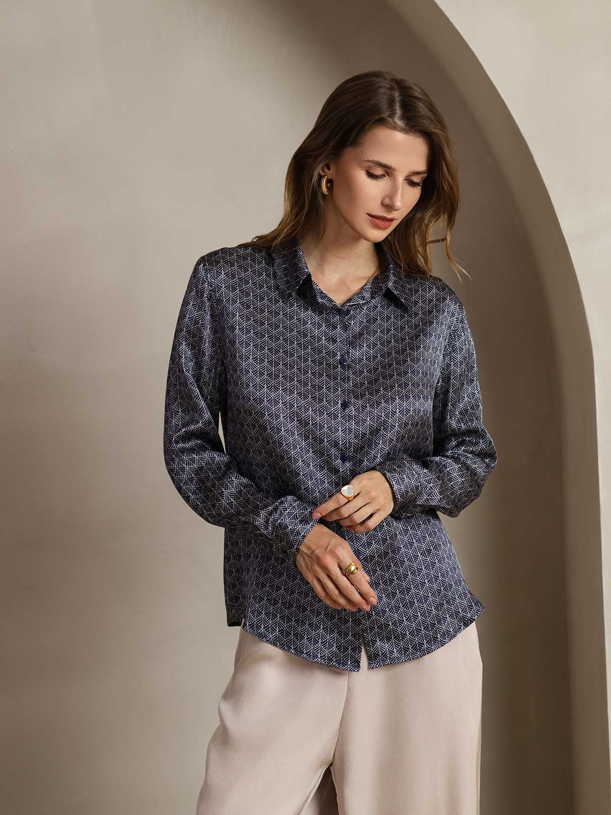 [Navy Ginkgo] SilkSilky  Silk Lapel Collar Women's Shirt 005