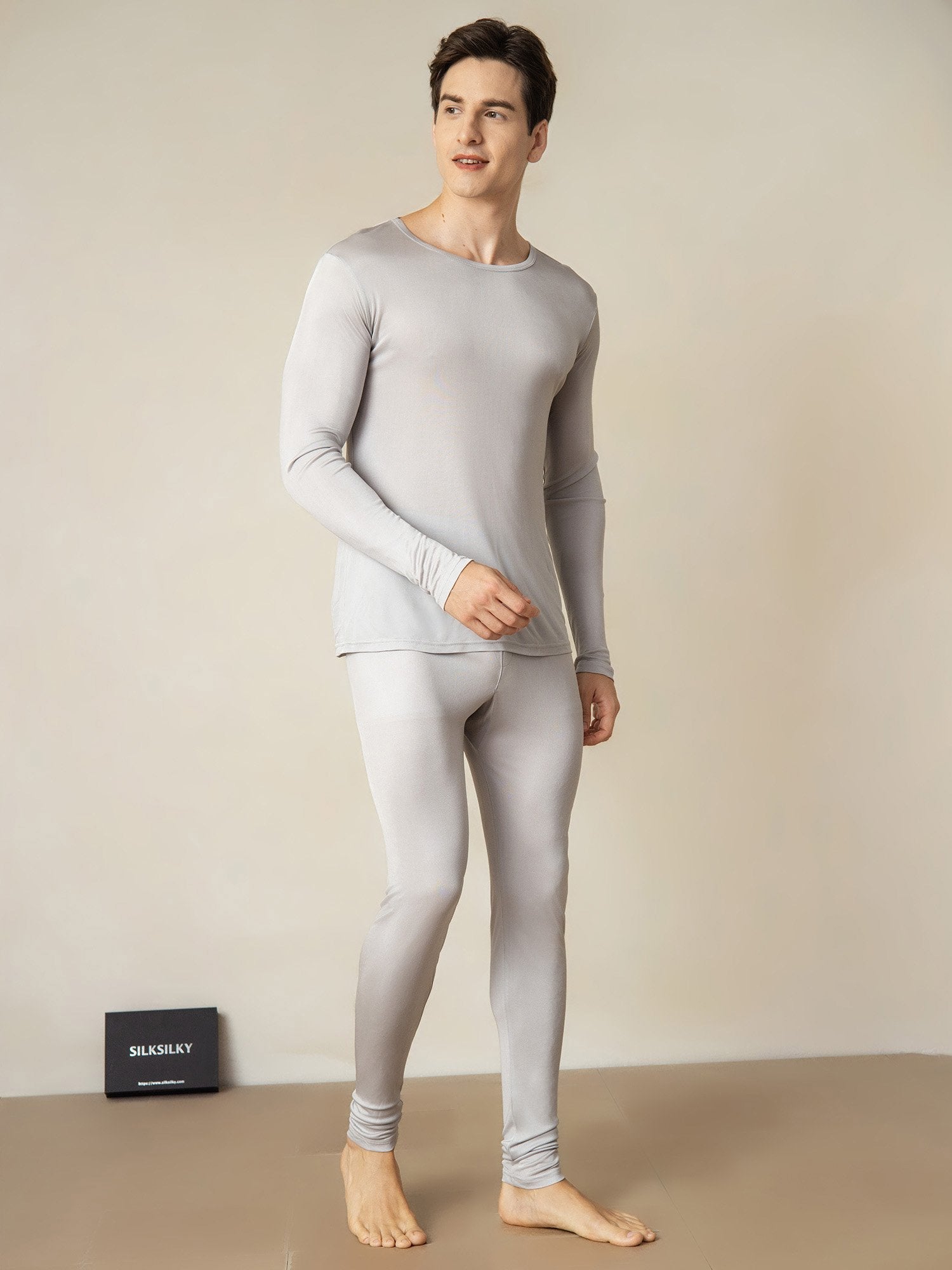 [Silver] SilkSilky Silk Round Neck Men's Pajamas 001