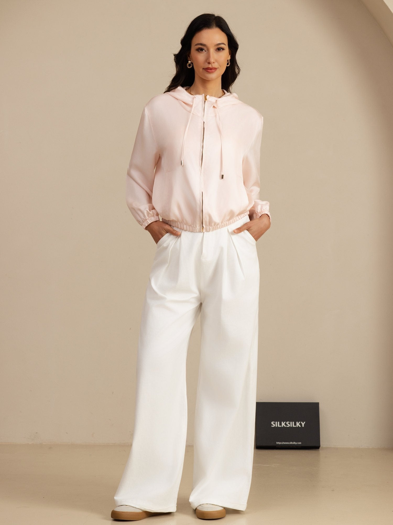 [Pink] SilkSilky 18Momme Silk Satin Surah Long Sleeve Stand Collar Women's Outerwear 006