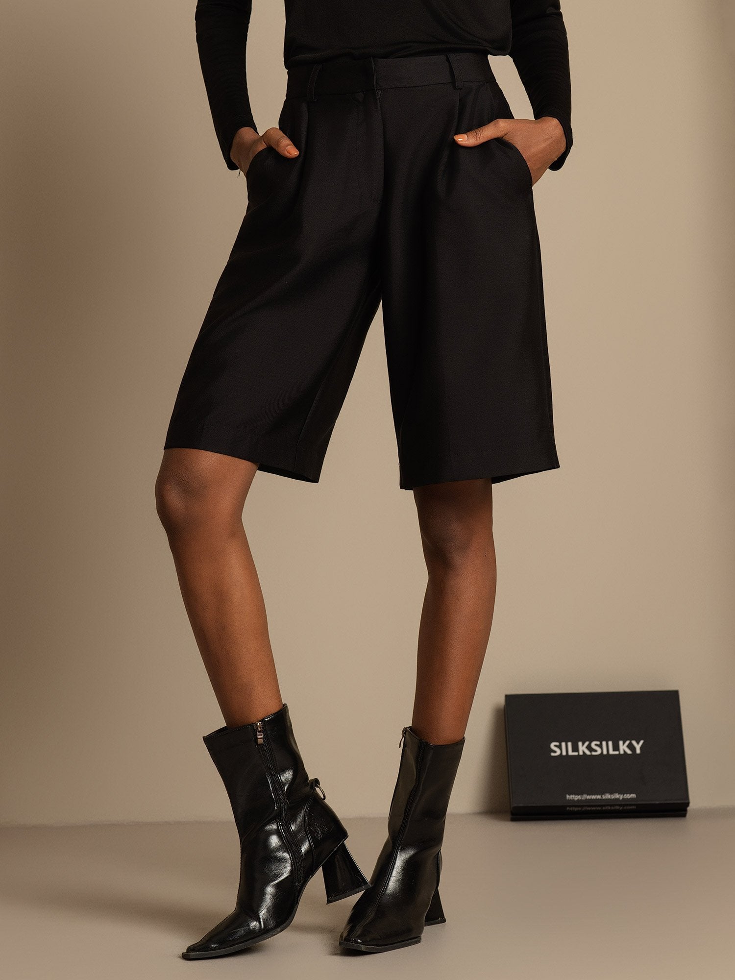 [Black] SilkSilky  32Momme Silk Womens Shorts 001,