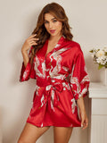 SilkSilky  19Momme Pure Silk 3/4 Sleeve Deep V Neck Women's Robe DarkRed 003