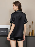 SilkSilky US Pure Silk Short Sleeve Lapel Women's Pajamas Black 003