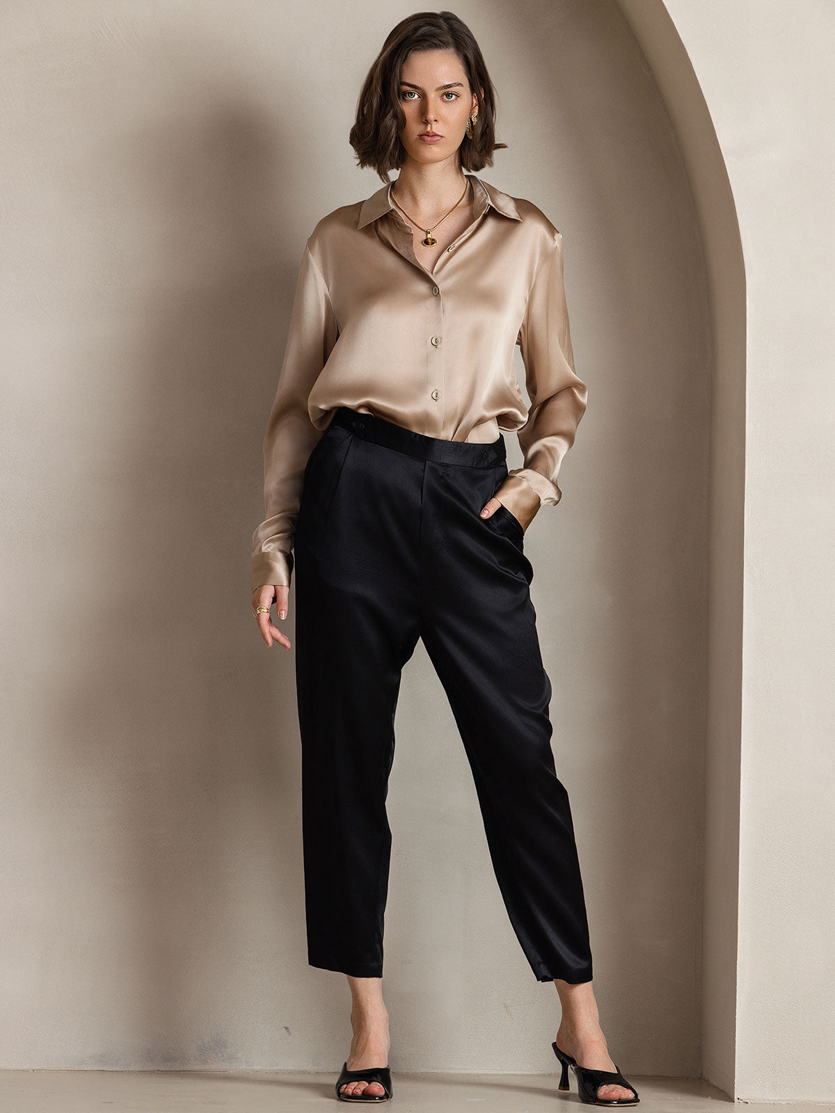 [Champagne] SilkSilky  Silk Lapel Collar Women's Shirt 003