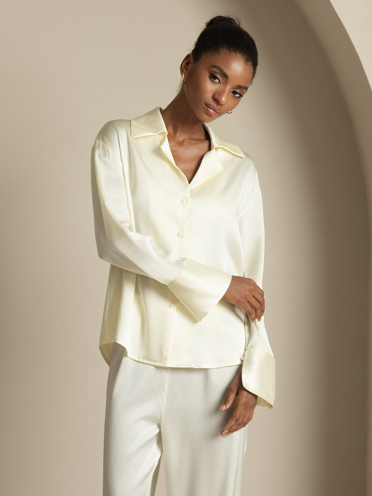 [Ivory] SilkSilky  19Momme Silk Notch Collar Women's Shirt 006