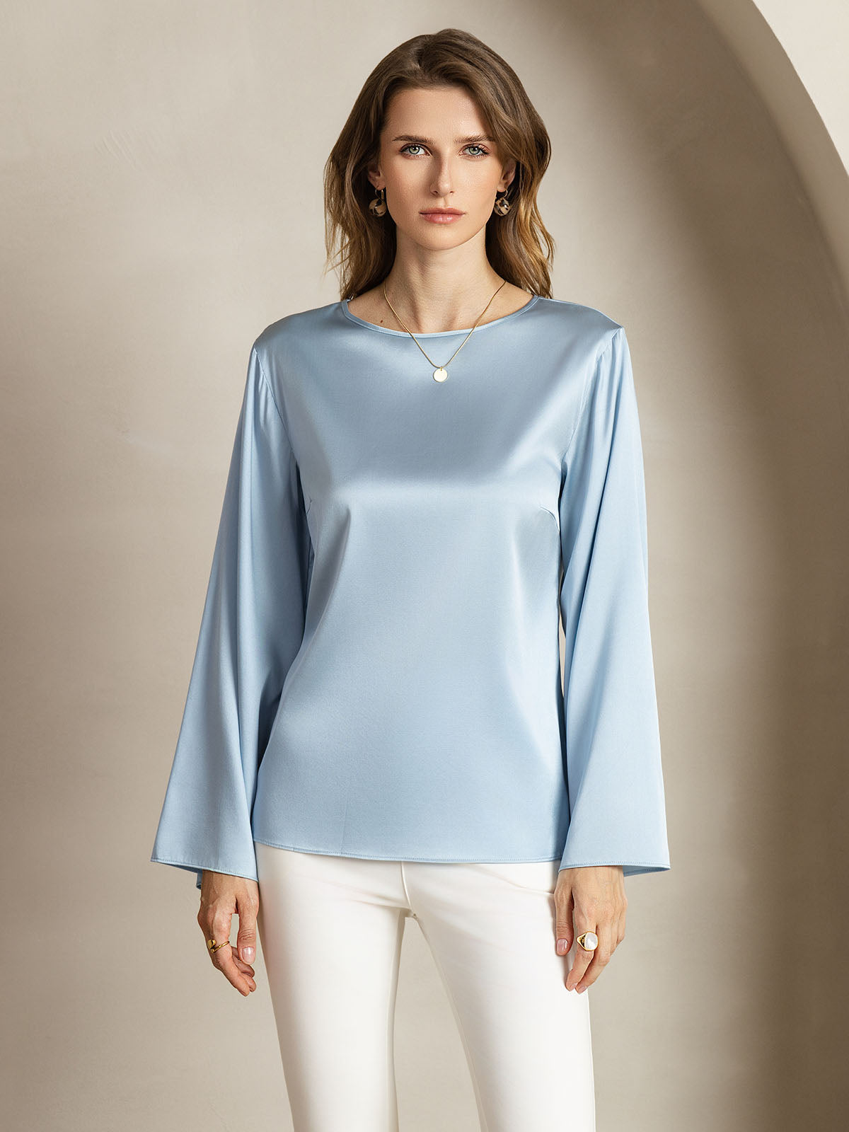[Grayish Blue] SilkSilky  19Momme Silk Round Neck Women's T-Shirt 004