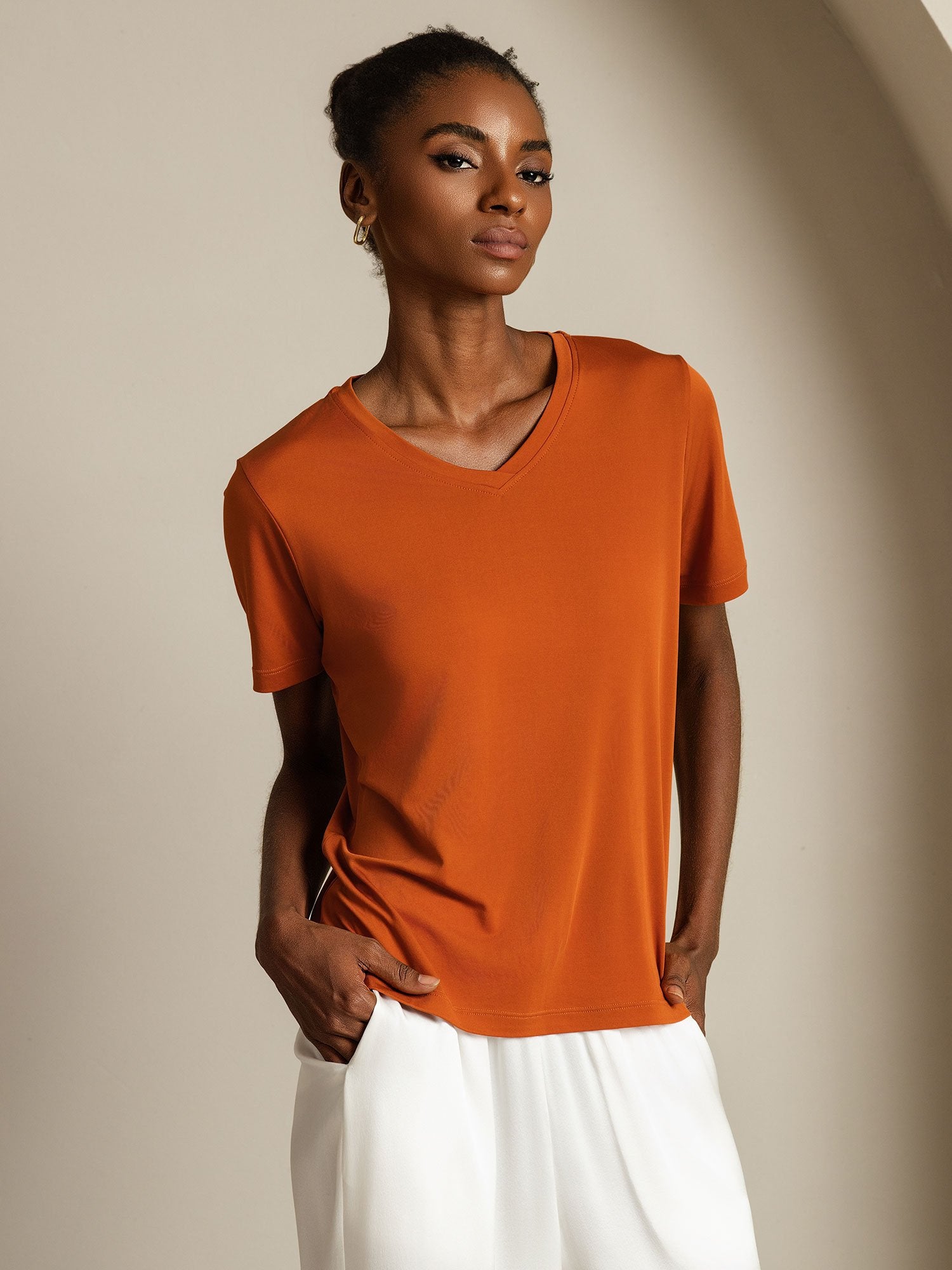 [Orange] SilkSilky Pure Silk V Neck Women's T-Shirt 006