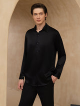 [Black] SilkSilky 19Momme Stretch Silk Charmeuse Long Sleeve Lapel Collar Men's Shirt 001