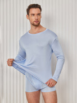 [Light Blue] SilkSilky  100% Silk Jersey Long Sleeve Round Neck Men's T-Shirt 004