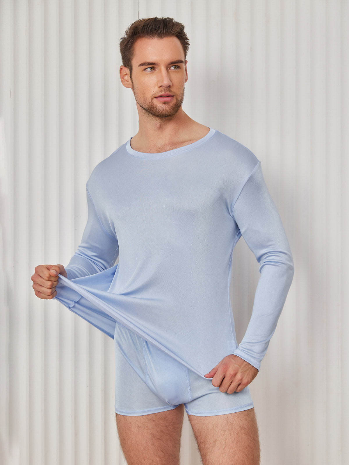 SilkSilky US Silk Knitted Long Sleeve Round Neck Men's T Shirt LightBlue 004