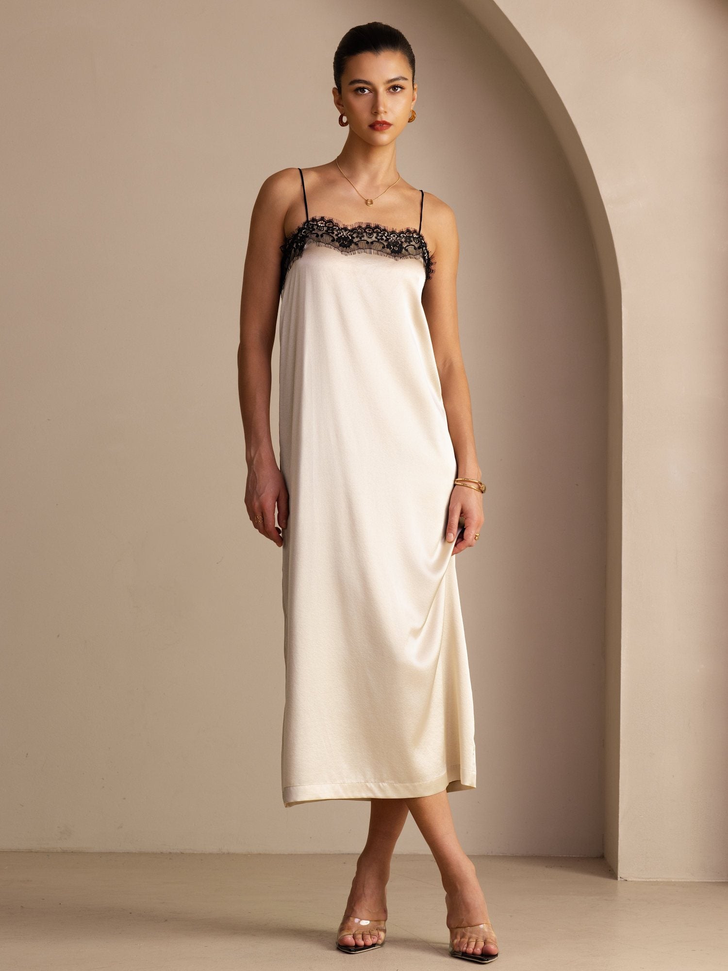 [Brown Rice] SilkSilky  Spaghetti Strap Square Neck Dress 001