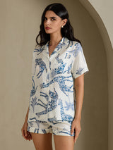 [White Giraffe] SilkSilky Short Sleeve Notch Collar Women's Pajamas 005