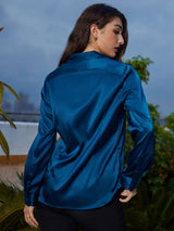 [Teal] SilkSilky  Long Sleeve Lapel Collar Women's Shirt 002