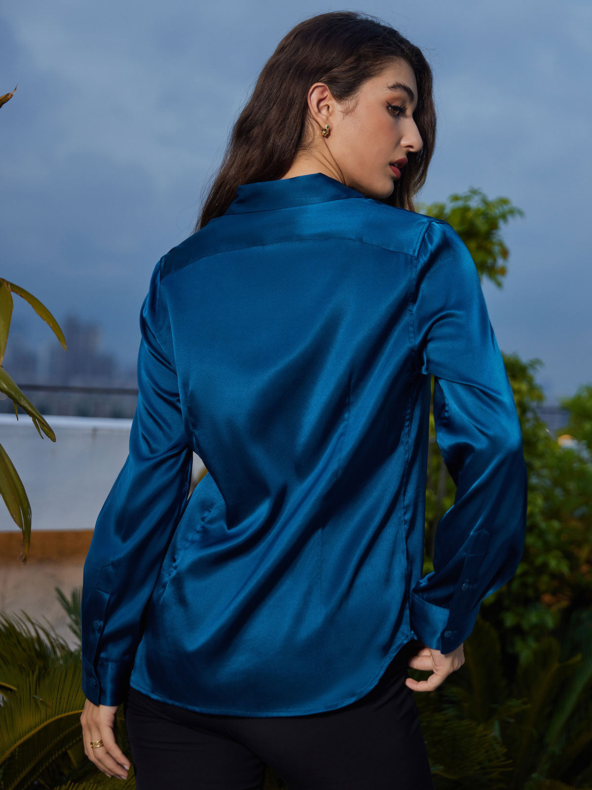 [Teal] SilkSilky  Silk Lapel Collar Women's Shirt 002