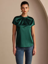 [Dark Green] SilkSilky Short Sleeve Split Women's Blouse 001