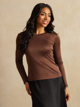 [Coffee] SilkSilky  100% Silk Jersey Long Sleeve Crew Neck Women's T-Shirt 003