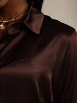 [Bitter Chocolate] SilkSilky  19Momme Stretch Silk Charmeuse Long Sleeve Lapel Collar Women's Shirt 008