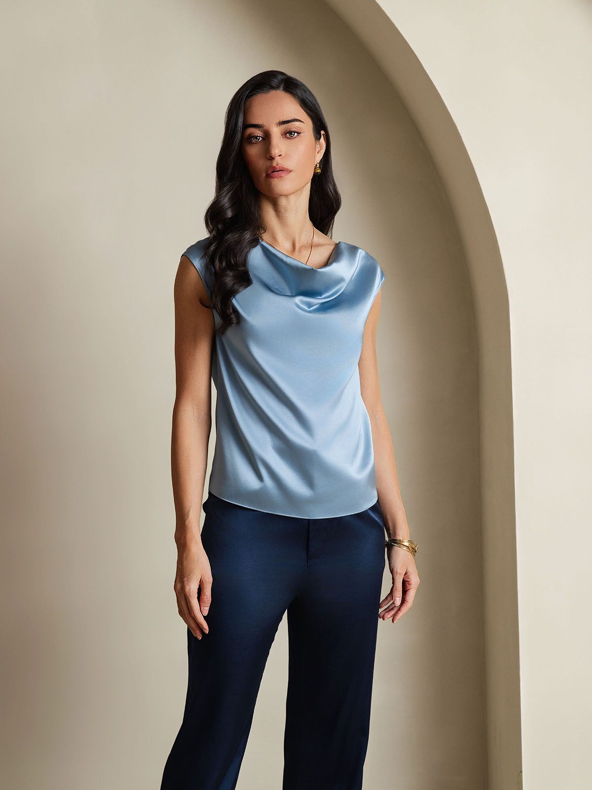 [Grayish Blue] SilkSilky  19Momme Silk Cowl Neck Women's T-Shirt 001