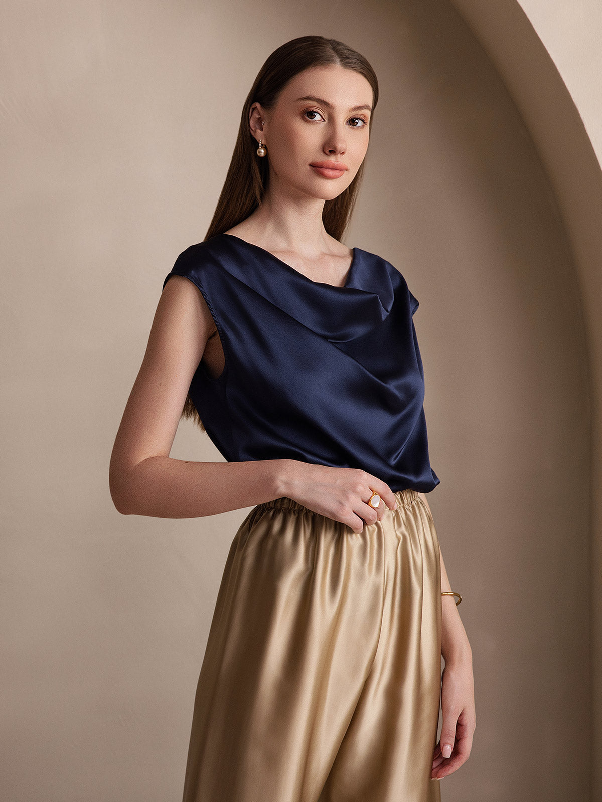 [Dark Blue] SilkSilky  19Momme Silk Cowl Neck Women's T-Shirt 005