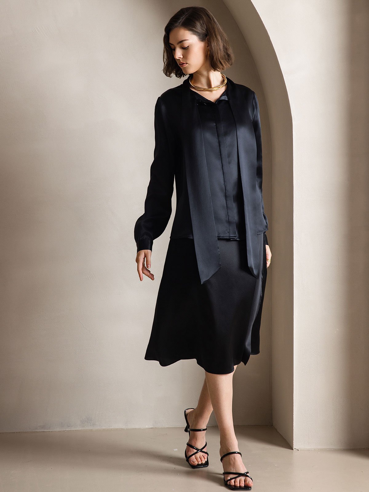 [Black] SilkSilky 19Momme Silk Long Sleeve Tie Neck Women's Shirt 001
