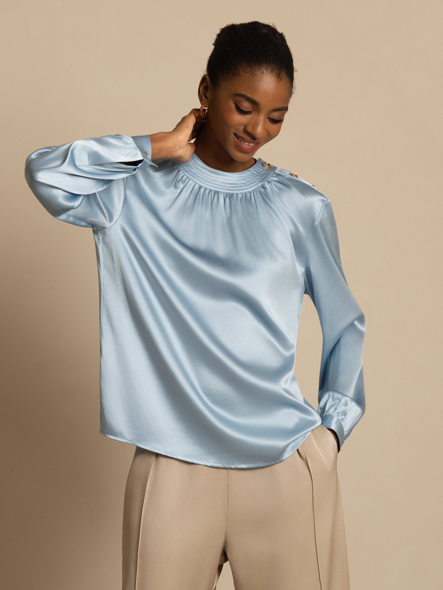 [GrayishBlue] SilkSilky 19Momme Silk Long Sleeve Round Neck Blouse 001