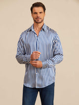 [Navy Stripe] SilkSilky 19Momme Stretch Silk Charmeuse Long Sleeve Lapel Collar Men's Shirt 003