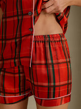 [Red Plaid] SilkSilky Short Sleeve Notch Collar Women's Pajamas 005