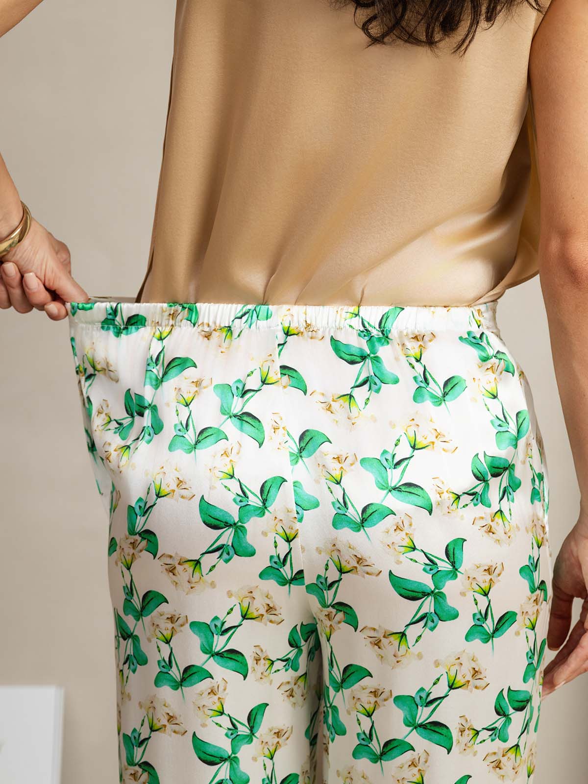 [Green Floral] SilkSilky  19Momme Silk Womens Pants 005