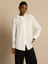 [White] SilkSilky 19Momme Silk Long Sleeve Collar Blouse 004