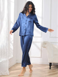 SilkSilky US Pure Silk Long Sleeve Lapel Women's Pajamas DarkBlue 004