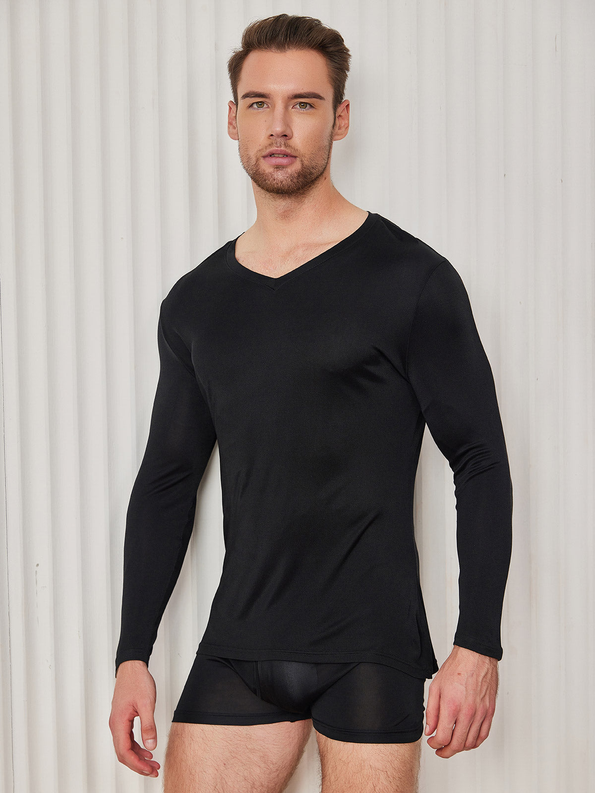 SilkSilky US Silk Knitted Long Sleeve V Neck Men's T Shirt Black 004